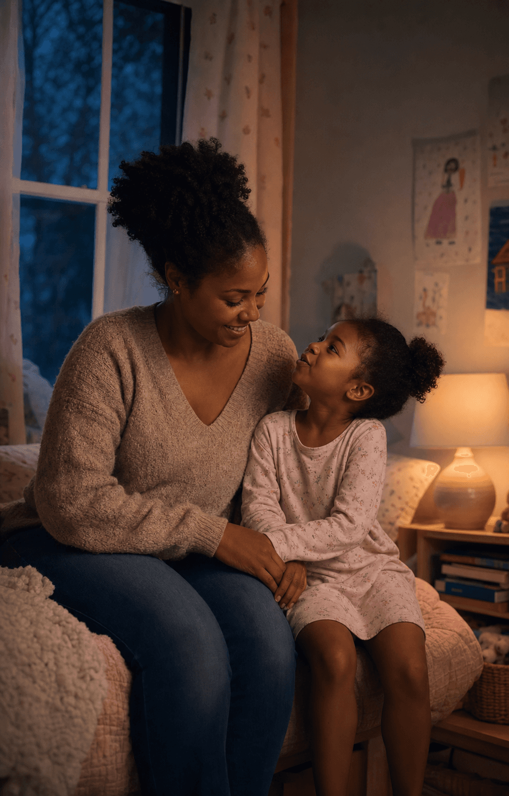A mother and daughter sharing a happy bedtime conversation