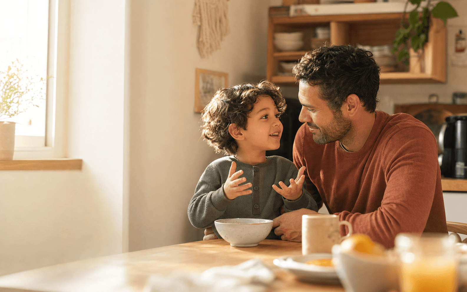 A father listening closely as his young son tells a story at breakfast